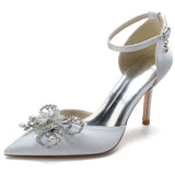 Women's Suede Stiletto Heel Closed Toe Pumps With Rhinestone Bowknot