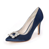 Women Pumps 9.5cm High Heel Satin Rhinestone Buckle Shoes For Wedding Party