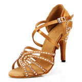 Brown Latin Dance Shoes | Women Rhinestone Satin Dance Shoes | Customized | Danceshoesmart