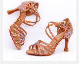 Women Salsa party Ballroom Shoes | Latin Dance Shoes Rhinestone Shining | Bronze Black Satin Cuba Heel 9cm | Danceshoesmart