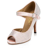 Rhinestone Latin Dance Shoes | Women's Ballroom Salsa Dance Shoes | Pink Customized Heel | Danceshoesmart