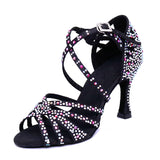 Women Salsa party Ballroom Shoes | Latin Dance Shoes Rhinestone Shining | Bronze Black Satin Cuba Heel 9cm | Danceshoesmart