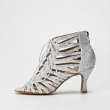 White Rhinestone Latin Ballroom Dance Boots Indoor Salsa Dance Shoes