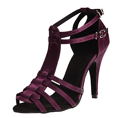 <transcy>Атласные туфли для латинских танцев | Обувь для бальных танцев для сальсы | Леопардовый черный фиолетовый | Danceshoesmart</transcy>