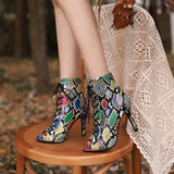 Dance Shoes Colorful Snake Peep Toe High Heeled Lace Up Women Latin Ballroom Salsa Dancing Booties