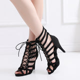 Indoor Latin Ballroom Dance Shoes Apricot Black Flock Women Salsa Tango Dancing Shoes Boots Customized Heels