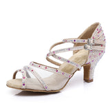 Women Latin Ballroom Dance Shoes Satin Mesh ChaCha Salsa Dancing Shoes Custom Heel