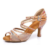 Women Latin Ballroom Dance Shoes Satin Mesh ChaCha Salsa Dancing Shoes Custom Heel