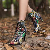 Dance Shoes Colorful Snake Peep Toe High Heeled Lace Up Women Latin Ballroom Salsa Dancing Booties