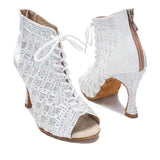 Satin Mesh Dance Boots Pink White Rhinestone Ballroom Salsa Tango Salsa Dancing Shoes For Women Girls