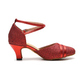 Glitter Women Modern Dance Shoes Red Golden Round Closed Toe Latin Ballroom Tango Waltz Dancing Shoes