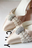 Champagne White Wedding Shoes Pumps Pearl Rhinestone Buckle Pumps For Women Girls Bride Party