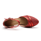 Glitter Women Modern Dance Shoes Red Golden Round Closed Toe Latin Ballroom Tango Waltz Dancing Shoes