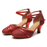 Glitter Women Modern Dance Shoes Red Golden Round Closed Toe Latin Ballroom Tango Waltz Dancing Shoes