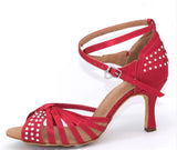 Latin Dance Shoes | Salsa Women Wine red Satin Shoes | Ballroom Dancing Rhinestone Tango Shoes | Danceshoesmart