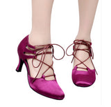<transcy>Женские туфли для танцев в черном и фиолетовом цвете | Бандажные туфли для латинских танцев | Атласный каблук по индивидуальному заказу | Danceshoesmart</transcy>