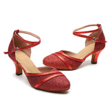 Glitter Women Modern Dance Shoes Red Golden Round Closed Toe Latin Ballroom Tango Waltz Dancing Shoes