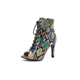 Dance Shoes Colorful Snake Peep Toe High Heeled Lace Up Women Latin Ballroom Salsa Dancing Booties
