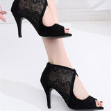 <transcy>Nuevo Negro / Marrón Suede Suede Lace Ladies Latin Ballroom Zapatos de baile de salsa Botas de tacón</transcy>