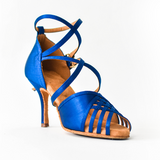 Blue Satin Salsa Heel Height Open Toe Professional Latin Dance Shoes For Women