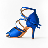 <transcy>Zapatos de baile latino profesionales de punta abierta con altura de tacón de salsa de satén azul para mujer</transcy>