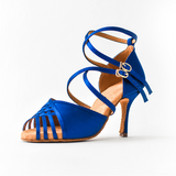 Blue Satin Salsa Heel Height Open Toe Professional Latin Dance Shoes For Women
