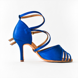 <transcy>Zapatos de baile latino profesionales de punta abierta con altura de tacón de salsa de satén azul para mujer</transcy>