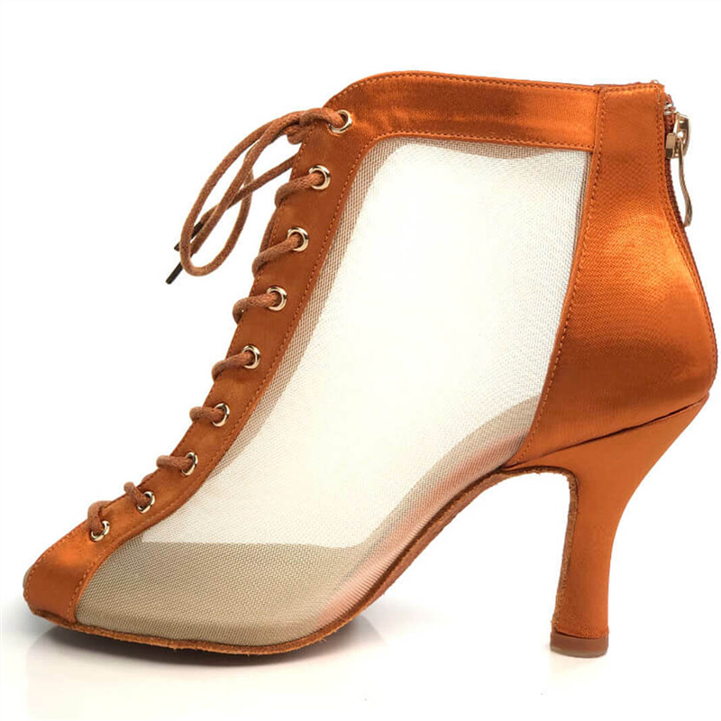Satin Brown Dance Shoes Boots Open Toe Lace Up Seude Sole Latin Ballroom Salsa Dancing Shoes