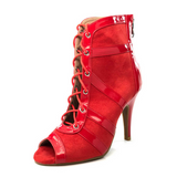 Red Fock Latin Ballroom alsa Dance Shoes Boots Open Toe Lace Up Ankle Boot