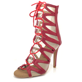Red Latin Ballroom Salsa Dance Shoes Boots Strappy Mesh Cut Out Lace Up Ankle Boots