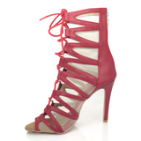 <transcy>Rojo Zapatos de baile de salsa de salón latino Botas Botines con cordones de malla con tiras recortadas</transcy>