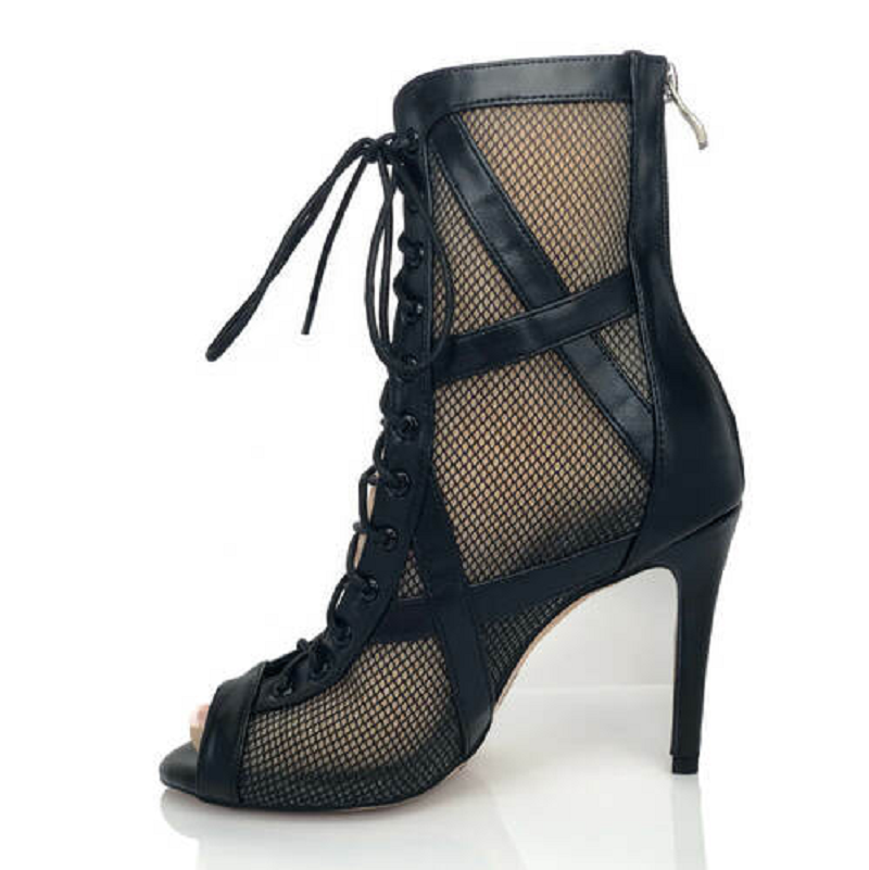 <transcy>Zapatos negros de baile latino para mujer, botas de salón de baile, Salsa, Tango, diseño cruzado, botines con cordones y botas de malla de rejilla</transcy>