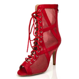 <transcy>Red Flock Zapatos de baile latino Botas de salón de baile Salsa Tacón de aguja Diseño cruzado Bota de tobillo con cordones</transcy>