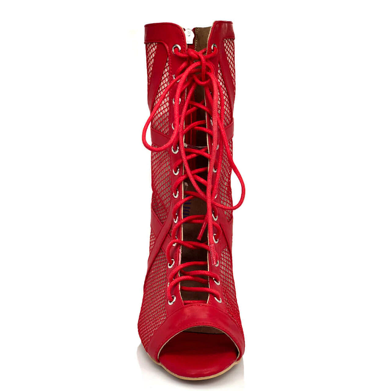 <transcy>Red Flock Zapatos de baile latino Botas de salón de baile Salsa Tacón de aguja Diseño cruzado Bota de tobillo con cordones</transcy>