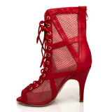 <transcy>Red Flock Zapatos de baile latino Botas de salón de baile Salsa Tacón de aguja Diseño cruzado Bota de tobillo con cordones</transcy>