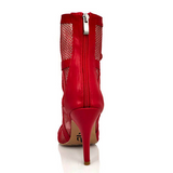 <transcy>Red Flock Zapatos de baile latino Botas de salón de baile Salsa Tacón de aguja Diseño cruzado Bota de tobillo con cordones</transcy>