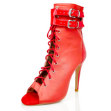 <transcy>Rojo PU Zapatos de baile de salón latino Salsa Tango Botas Tacón de aguja Punta abierta Bota con cordones</transcy>