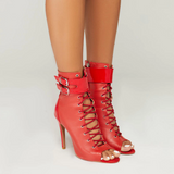 <transcy>Rojo PU Zapatos de baile de salón latino Salsa Tango Botas Tacón de aguja Punta abierta Bota con cordones</transcy>