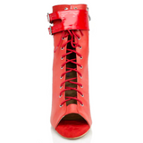 <transcy>Rojo PU Zapatos de baile de salón latino Salsa Tango Botas Tacón de aguja Punta abierta Bota con cordones</transcy>