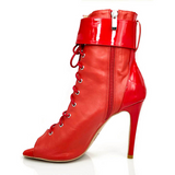 <transcy>Rojo PU Zapatos de baile de salón latino Salsa Tango Botas Tacón de aguja Punta abierta Bota con cordones</transcy>