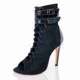 Black Latin Ballroom Dance Shoes Flock Salsa Dance Boots Open Toe Lace Up Bootie Stiletto Heel