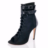 <transcy>Zapatos de baile de salón latino negros Botas de baile de salsa flocado Botines con cordones de punta abierta Tacón de aguja</transcy>