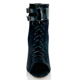 Black Latin Ballroom Dance Shoes Flock Salsa Dance Boots Open Toe Lace Up Bootie Stiletto Heel