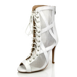 <transcy>Zapatos de baile latino blancos Botas Zapatos de salsa de salón Diseño cruzado Botines con cordones Malla de rejilla</transcy>