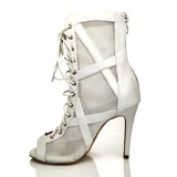 <transcy>Zapatos de baile latino blancos Botas Zapatos de salsa de salón Diseño cruzado Botines con cordones Malla de rejilla</transcy>