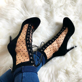 Women Latin Ballroom Dance Shoes Boots Party Black Closed Toe Lace Up Polka Dot Mesh Boot