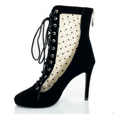 Women Latin Ballroom Dance Shoes Boots Party Black Closed Toe Lace Up Polka Dot Mesh Boot