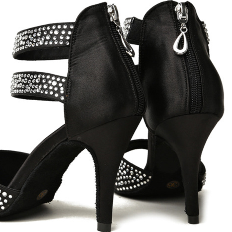 Satin Women Latin Dance Boots Shoes Ankle Strap Rhinestone Ballroom Tango Shoes