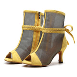 Soft Sole Dance Shoes Yellow Red Women High Heeled Tango Ballroom Dance Boots Girls Mesh Salsa Dancing Shoes