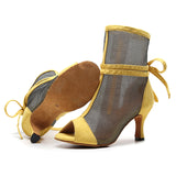 Soft Sole Dance Shoes Yellow Red Women High Heeled Tango Ballroom Dance Boots Girls Mesh Salsa Dancing Shoes